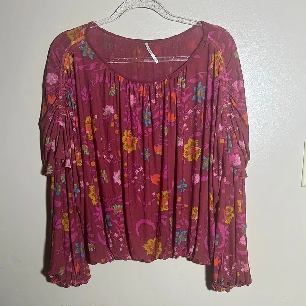 Free People Maroon Floral Boho Ruffle Sleeved‎ Top | Medium - Image 3