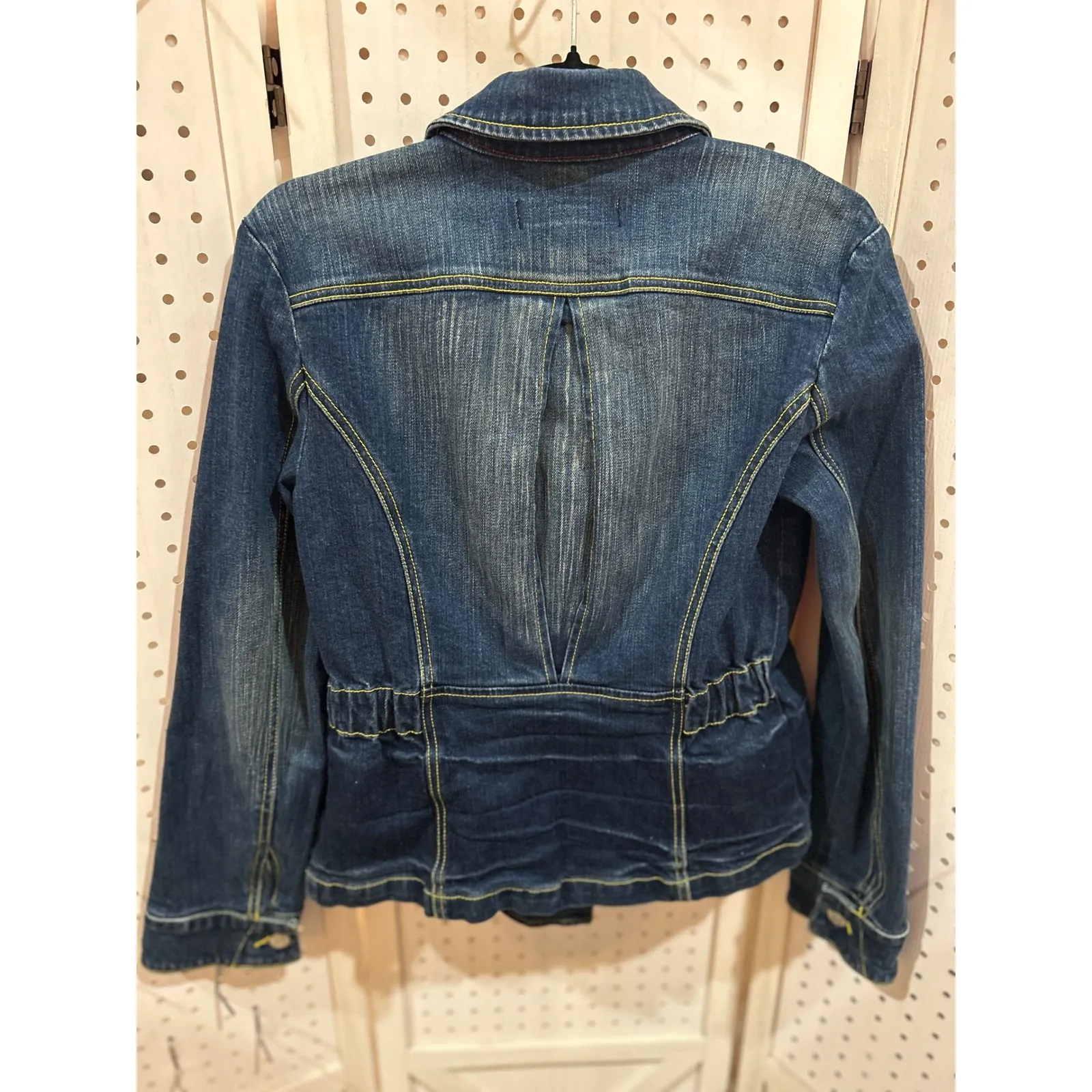 LONDON JEAN Double Breasted Denim Jacket Blue Yellow Stitching Women's XS - Image 6