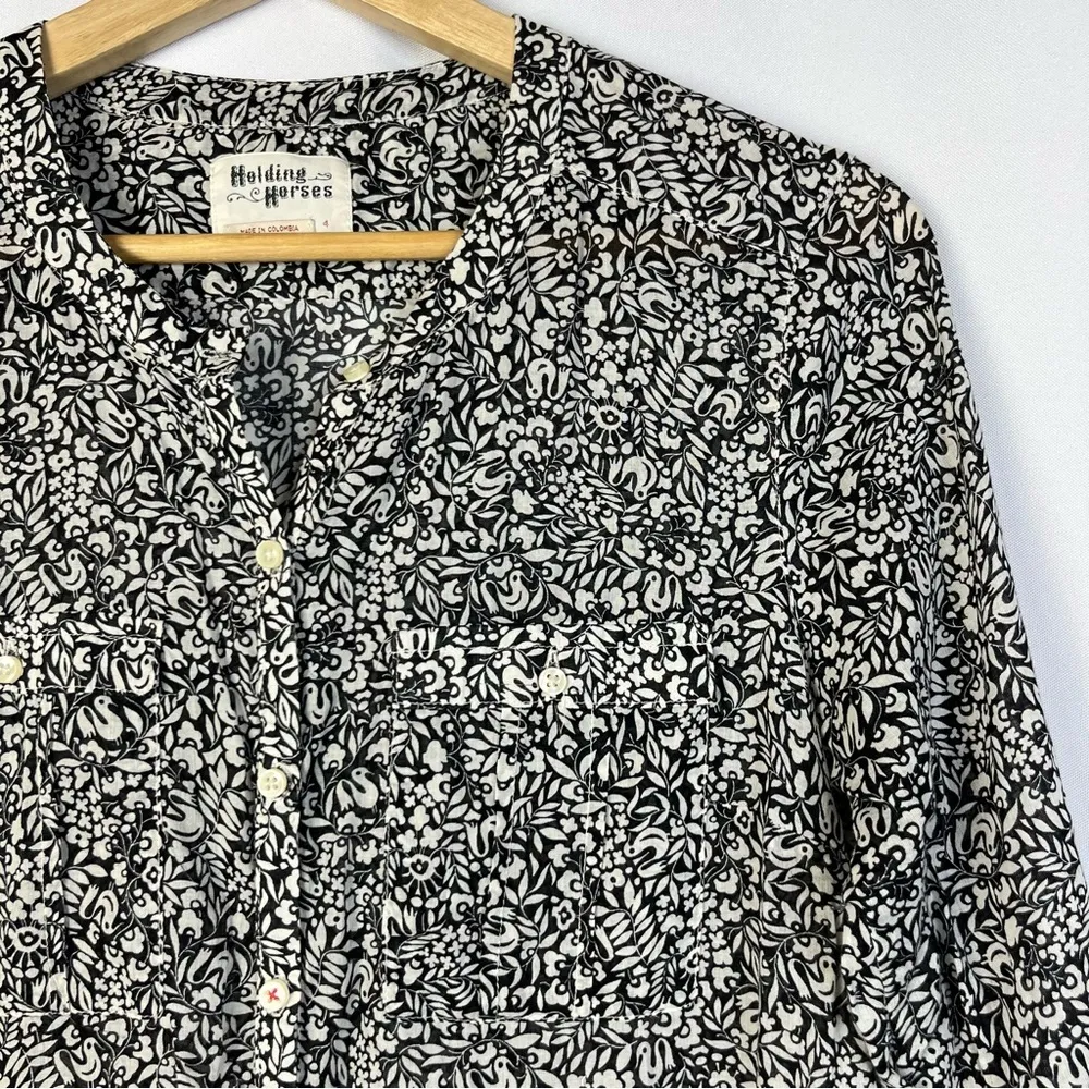 Anthropologie Holding Horses Zellige Black & White Bird Print Long Sleeve 4 - Image 3