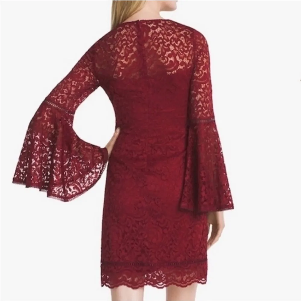 NEW WHBM Drama Sleeve Lace Shift Dress in Dark Rouge Red - Image 2