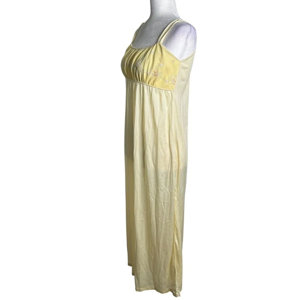 Vintage 80s Yellow Floral Embroidered Nightgown Size Small Empire Waist Sheer - Image 5