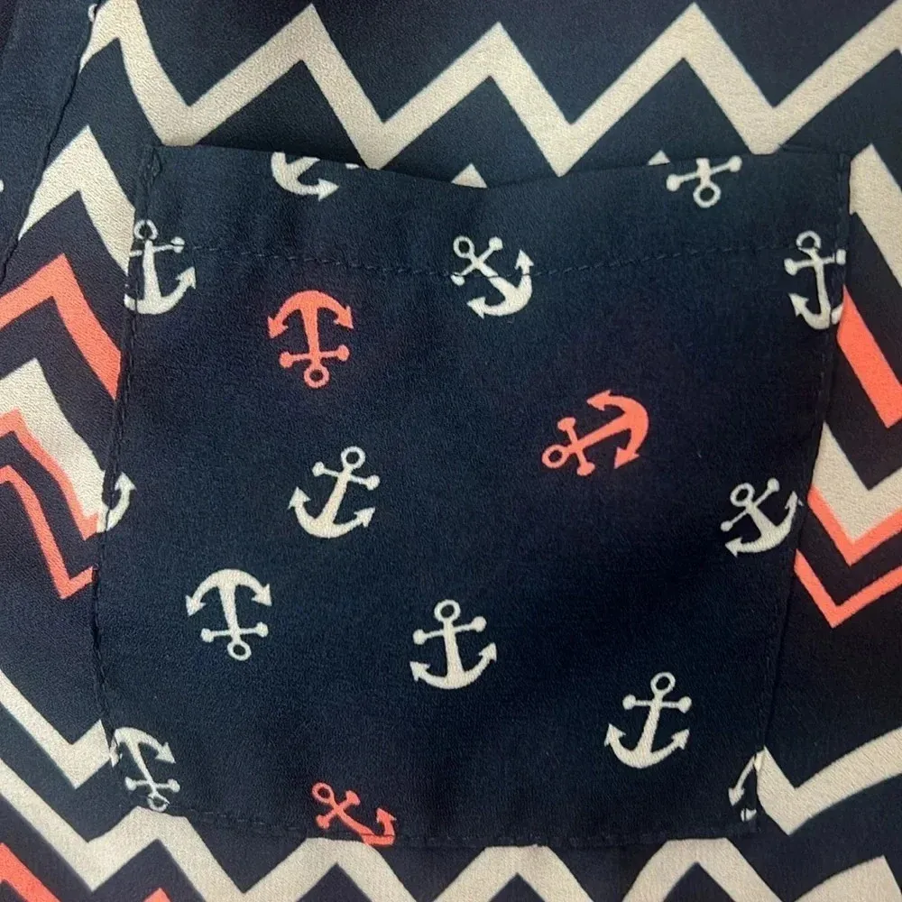 Wishful Park SZ M Nautical Navy Blue White & Pink Anchor Chevron Blouse Top - Image 2