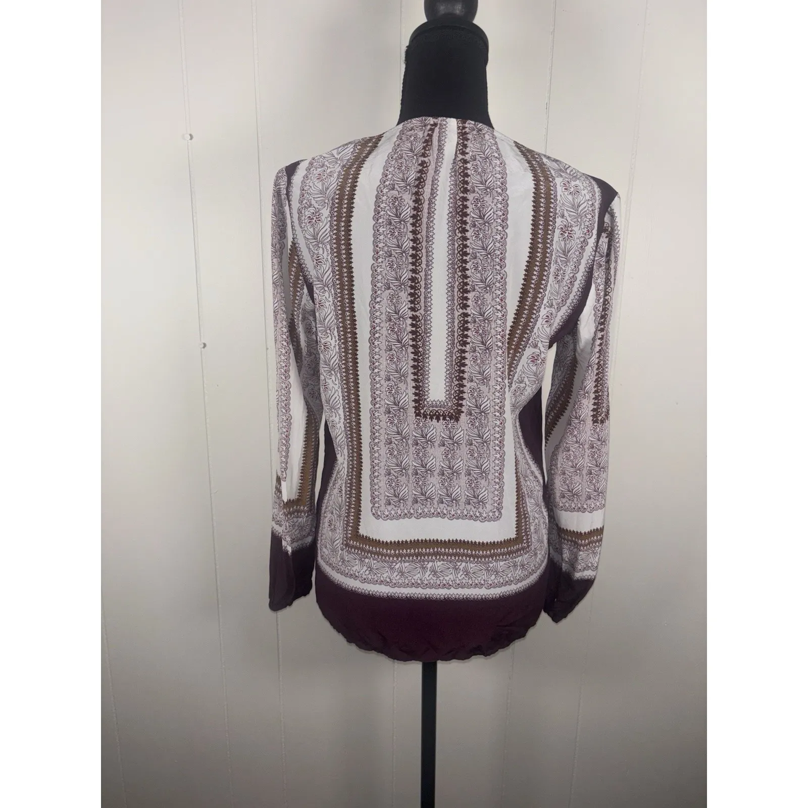Ecru 100% Silk Cream Maroon Paisley Floral Long Sleeve Keyhole Blouse Size Small - Image 2