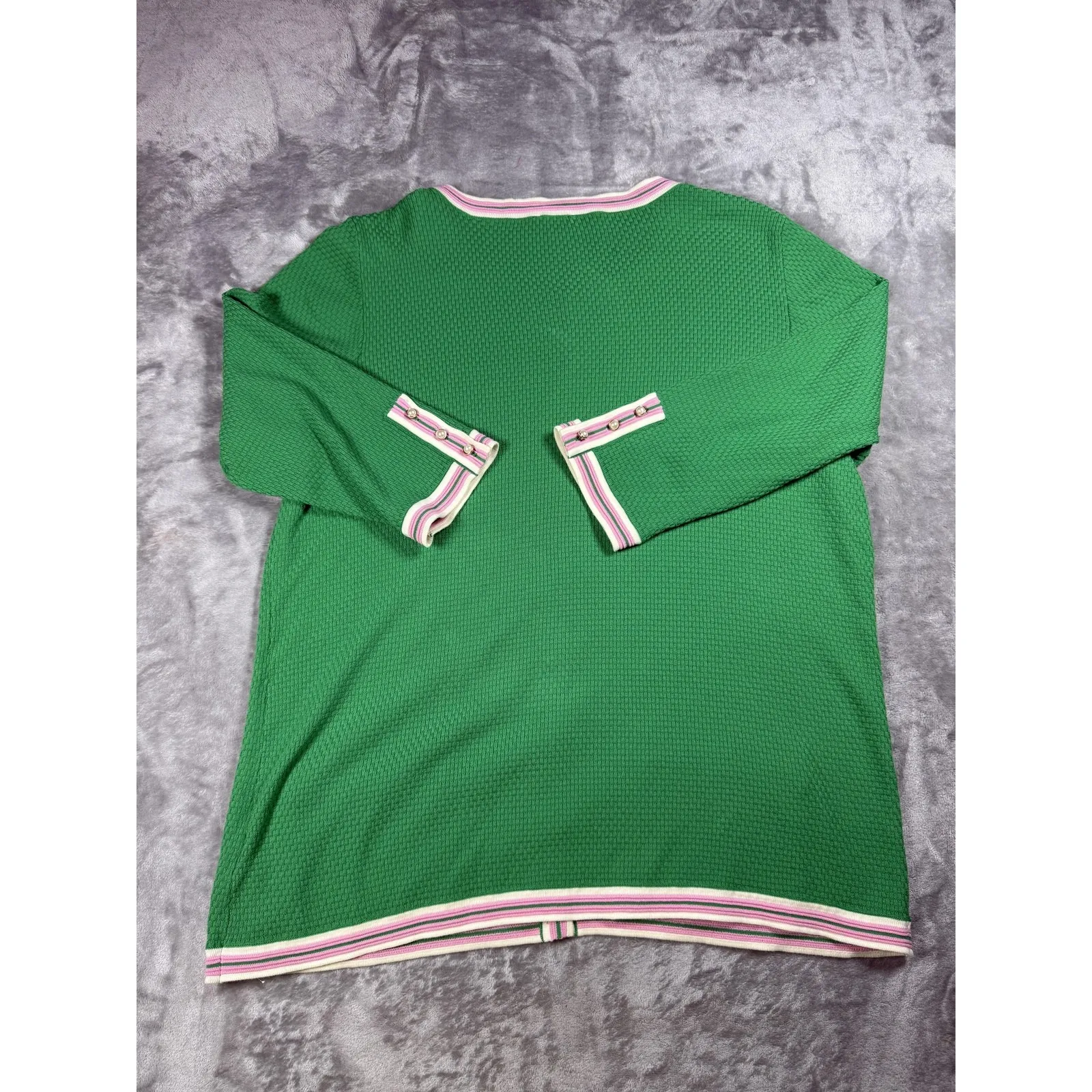 Talbots Cardigan Sweater Womens 1X‎ Green Pink Stripe Trim Pearl Button Pockets - Image 8