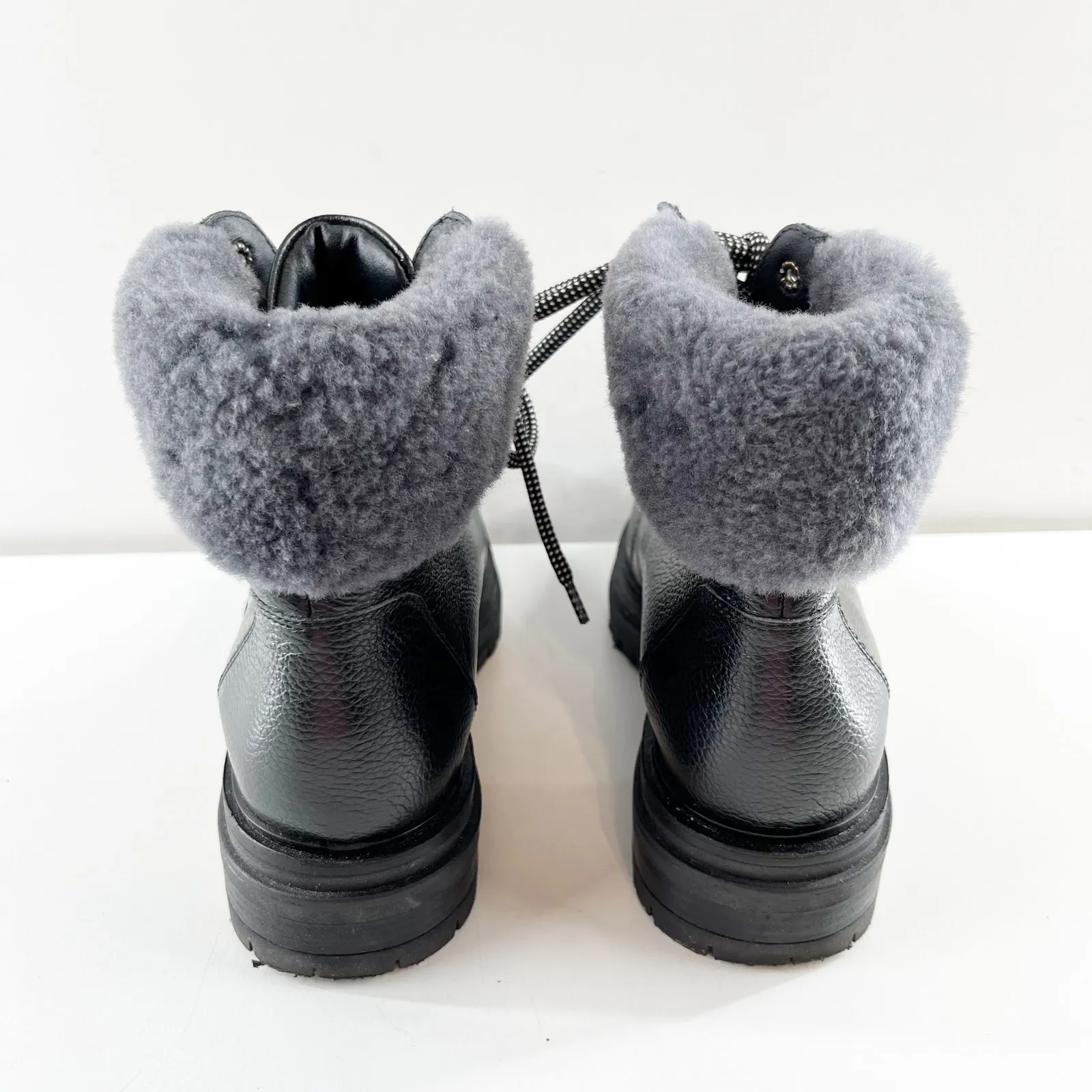 M Gemi Alpi Lace Up Ankle Combat Boots Shearling Faux Fur Trim Black 7.5 - Image 4