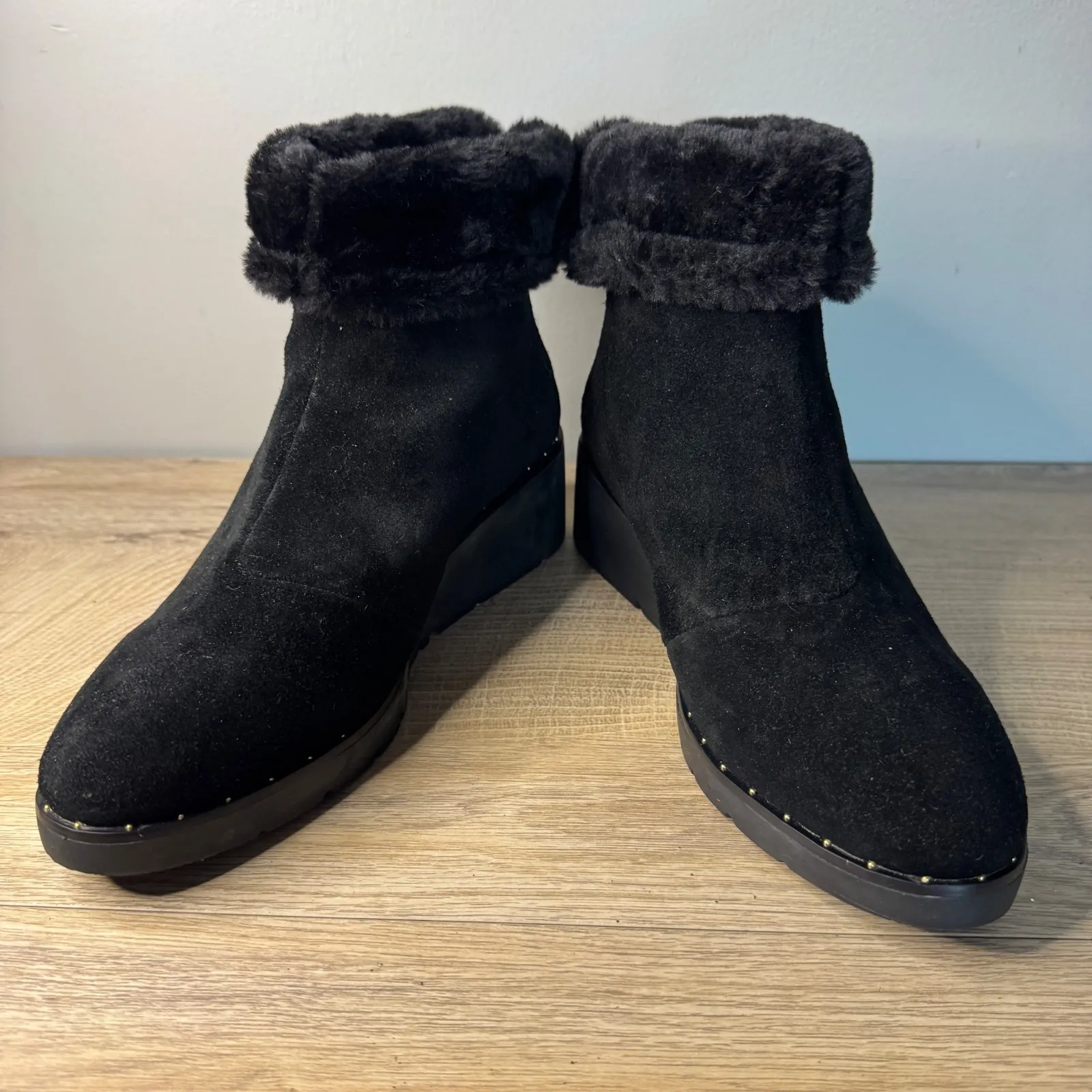 Steven Ankle Boots Bingo Natural Comfort Black‎ Suede Wedge 8.5W Fur Trim Zip Black Size 8.5 - Image 4