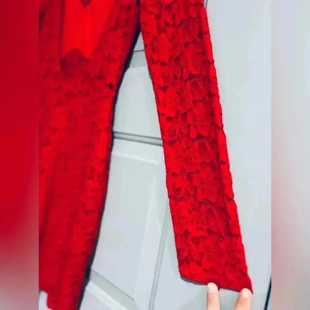 Express Red Floral Lace Bodycon Long Sleeve Mini Dress size medium - Image 12