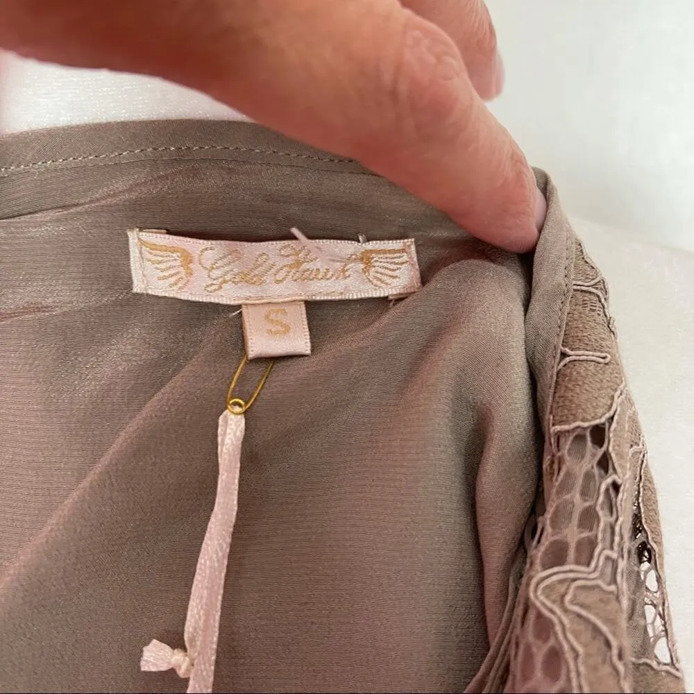 Gold Hawk Slip Dress Silk Taupe Spaghetti Straps Lace Ruffle Hem Pockets S NEW Brown - Image 4