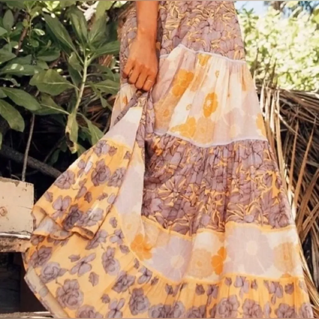 Carolina K Isidora Vall Kaftan Tiered Ruffle Floral Print Maxi Dress Size Large Yellow - Image 2