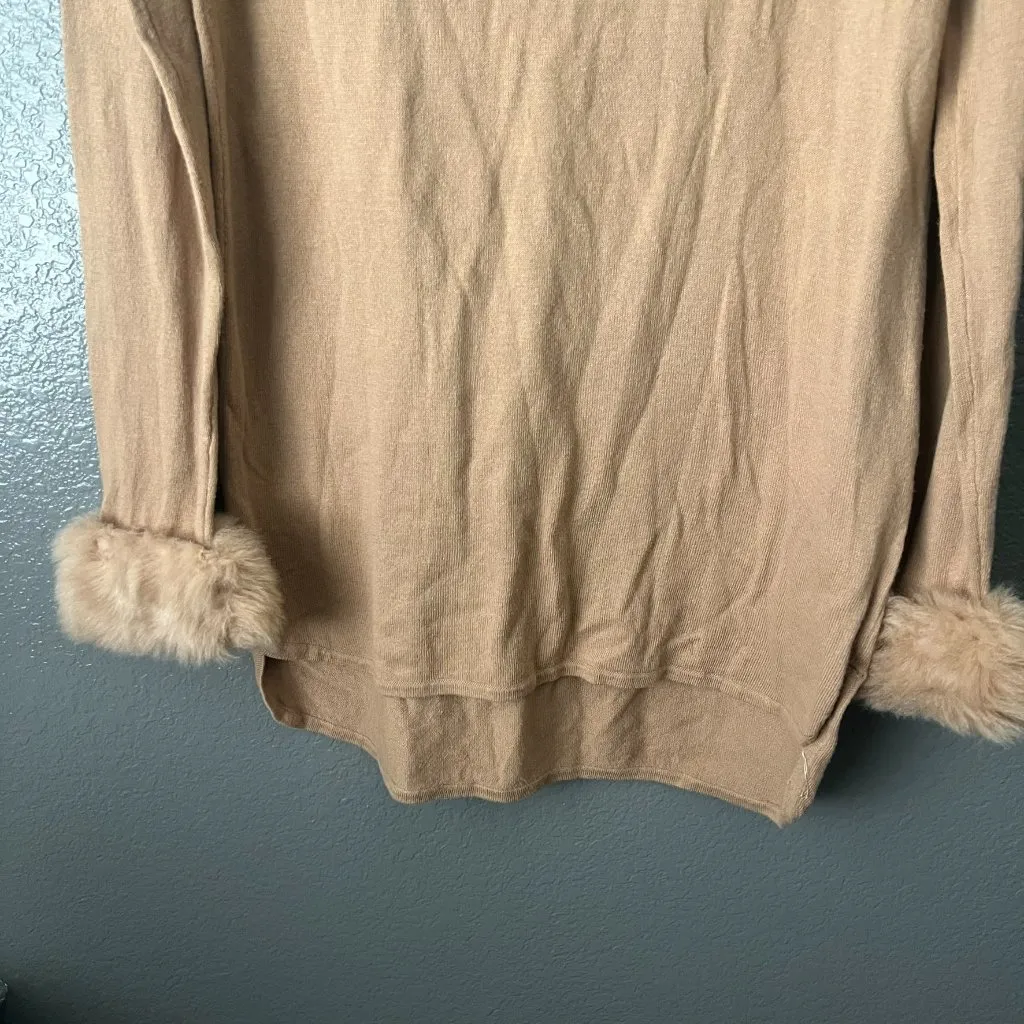 Tan Beige Knit Tunic Sweater Faux Fur Cuffs High - Image 3