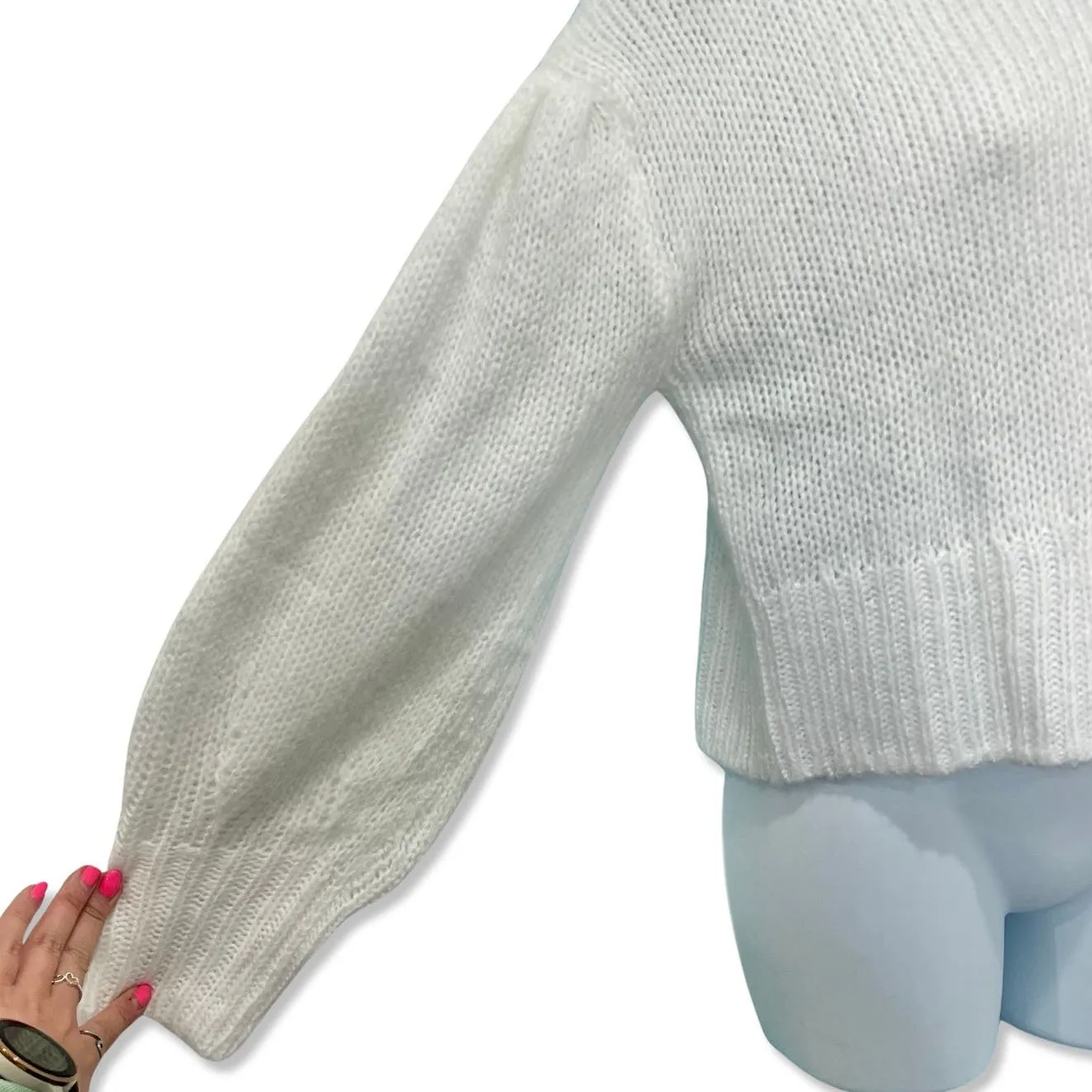 H&M White Chunky Knit Balloon Sleeve Crew Neck Oversize Sweater sz S Minimalist - Image 6