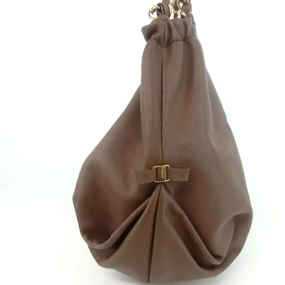 Ferragamo Vara Leather Shoulder Hobo Bag Beige W/ Certificate of Authenticity - Image 4