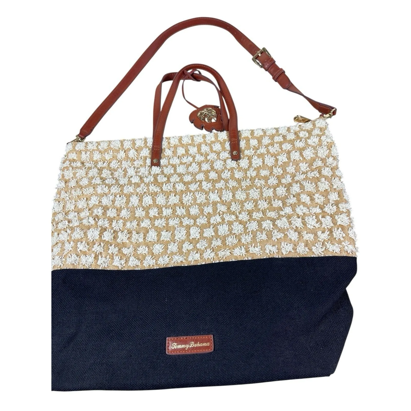 Tommy Bahama Tan Black Woven Tote Bag Brown Strap Large Shoulder Purse Beachy - Image 8