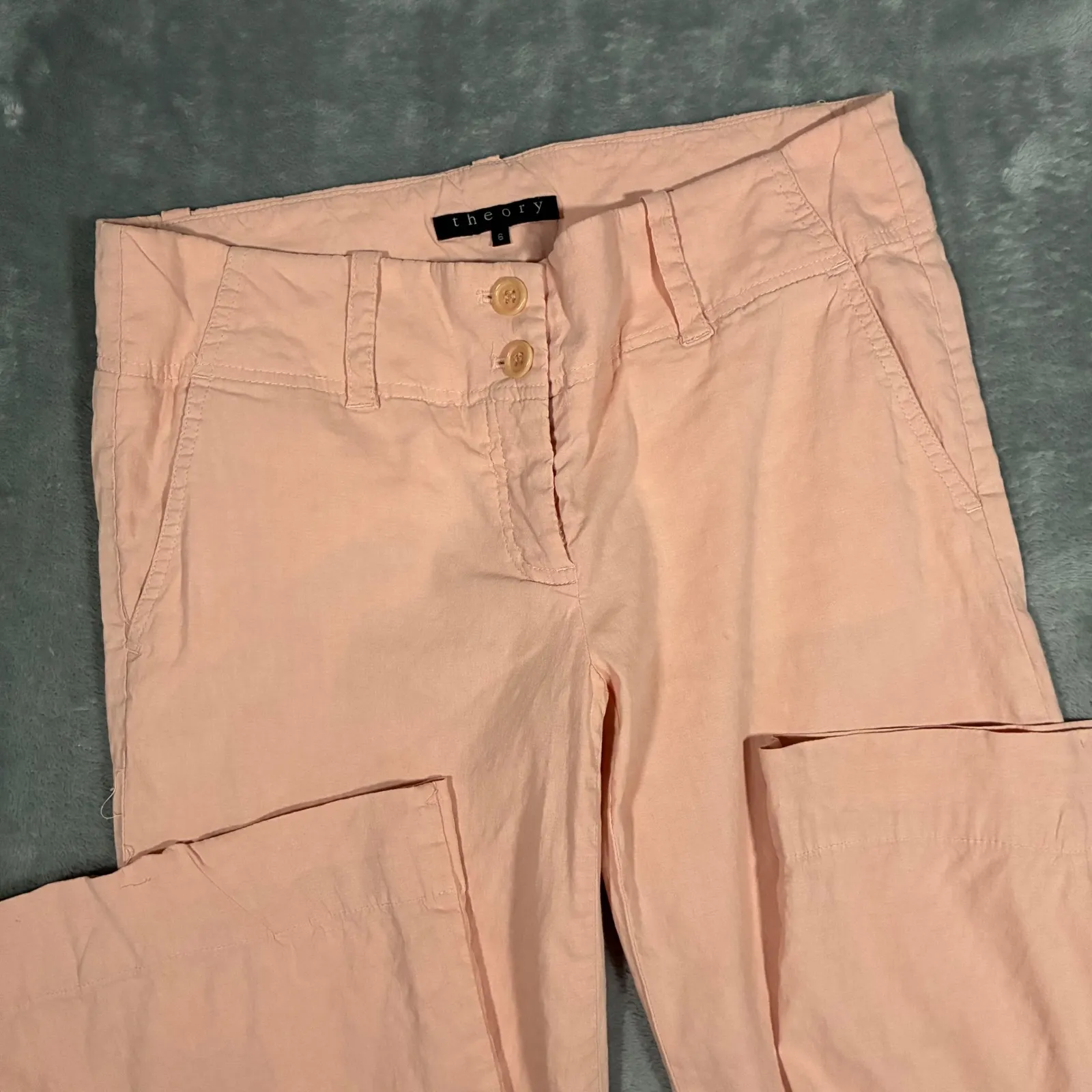 Theory Linen Blend Wide Leg Low Rise Trousers Pants Women's 6 Peach - Image 3