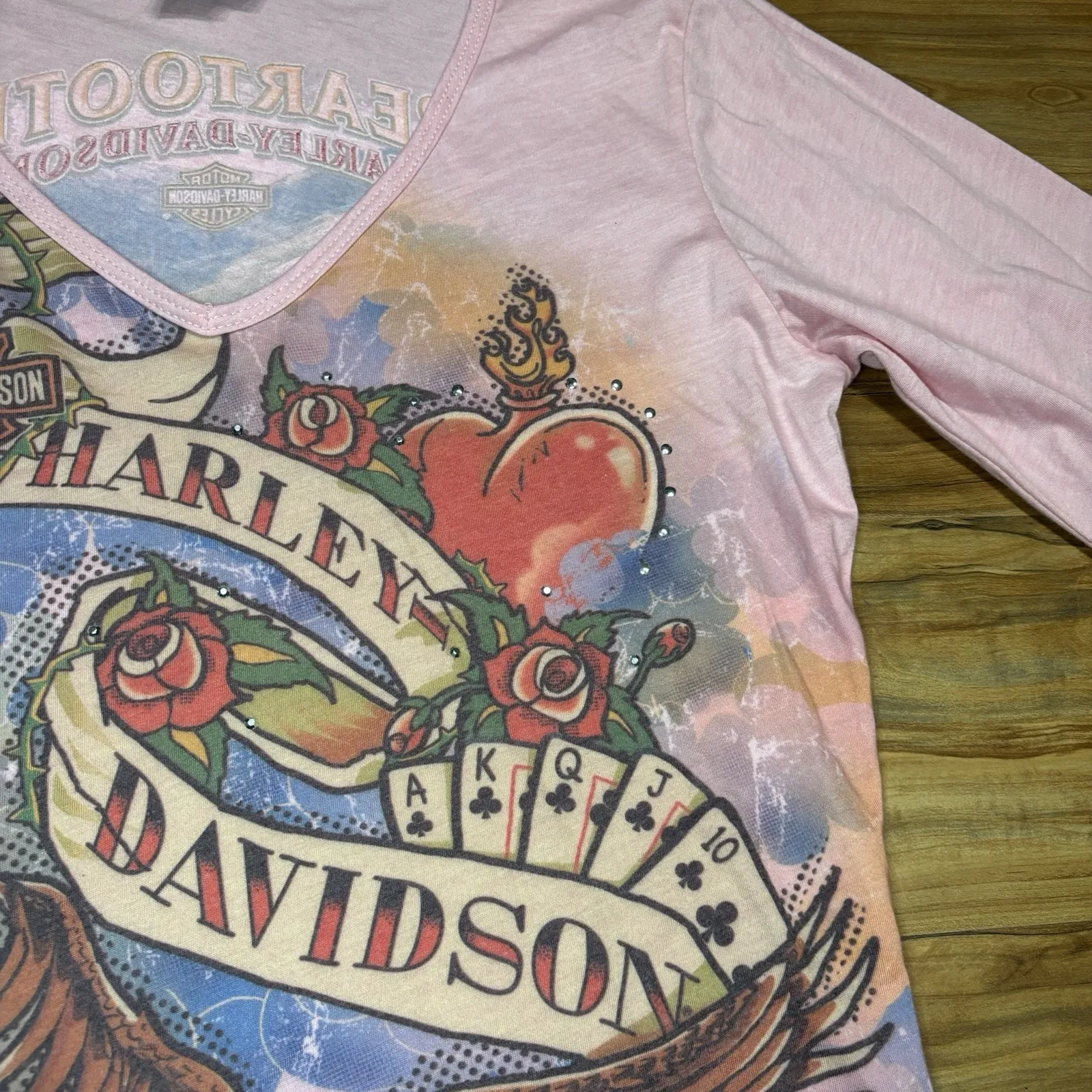 Harley Davidson Women's Large Red Lodge MT Jailhouse Ink‎ Tattoo Sweet Luck Tee Pink - Image 3