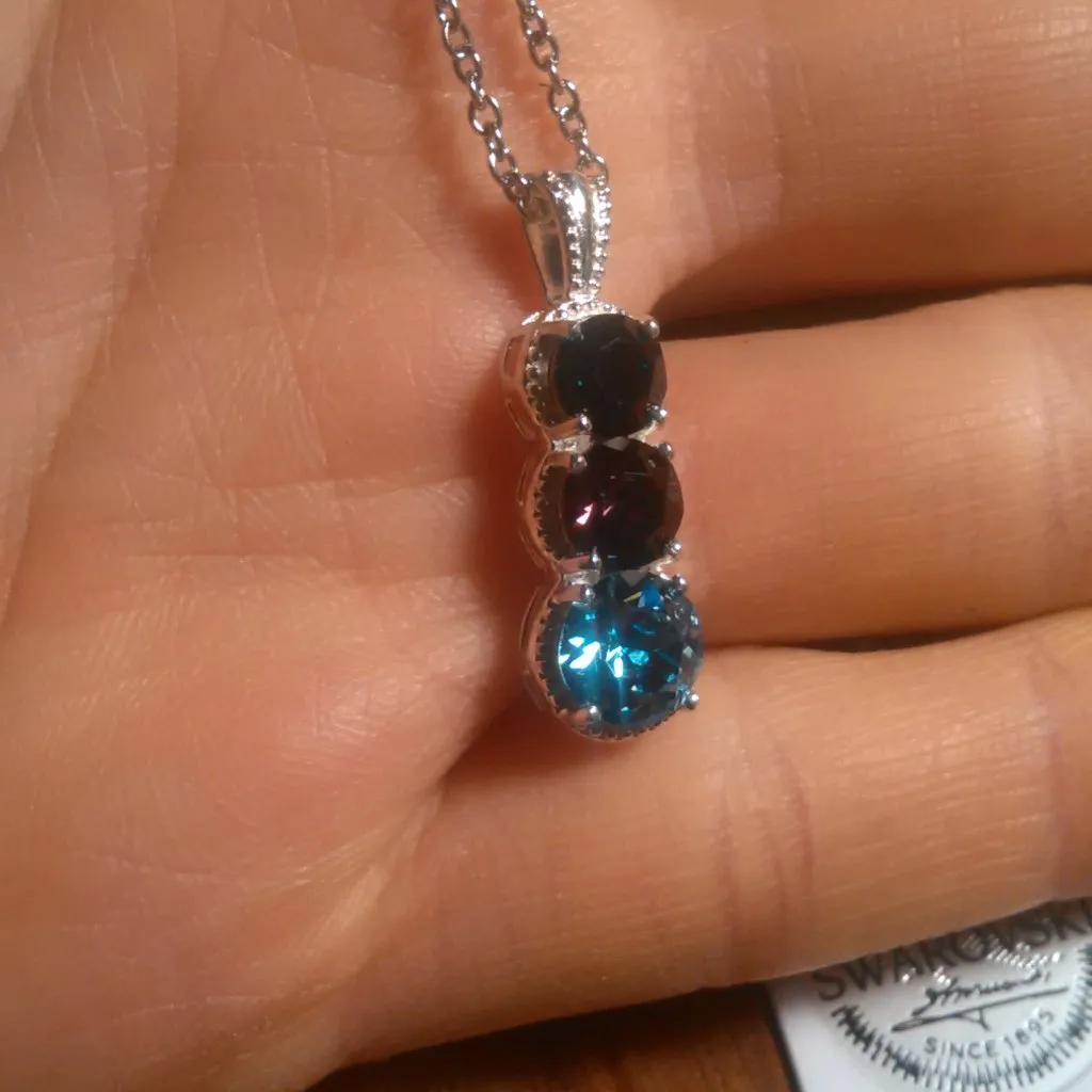 Swarovski Crystal Three Stone Sterling Silver Pendant Stainless Steel Necklace - Image 8