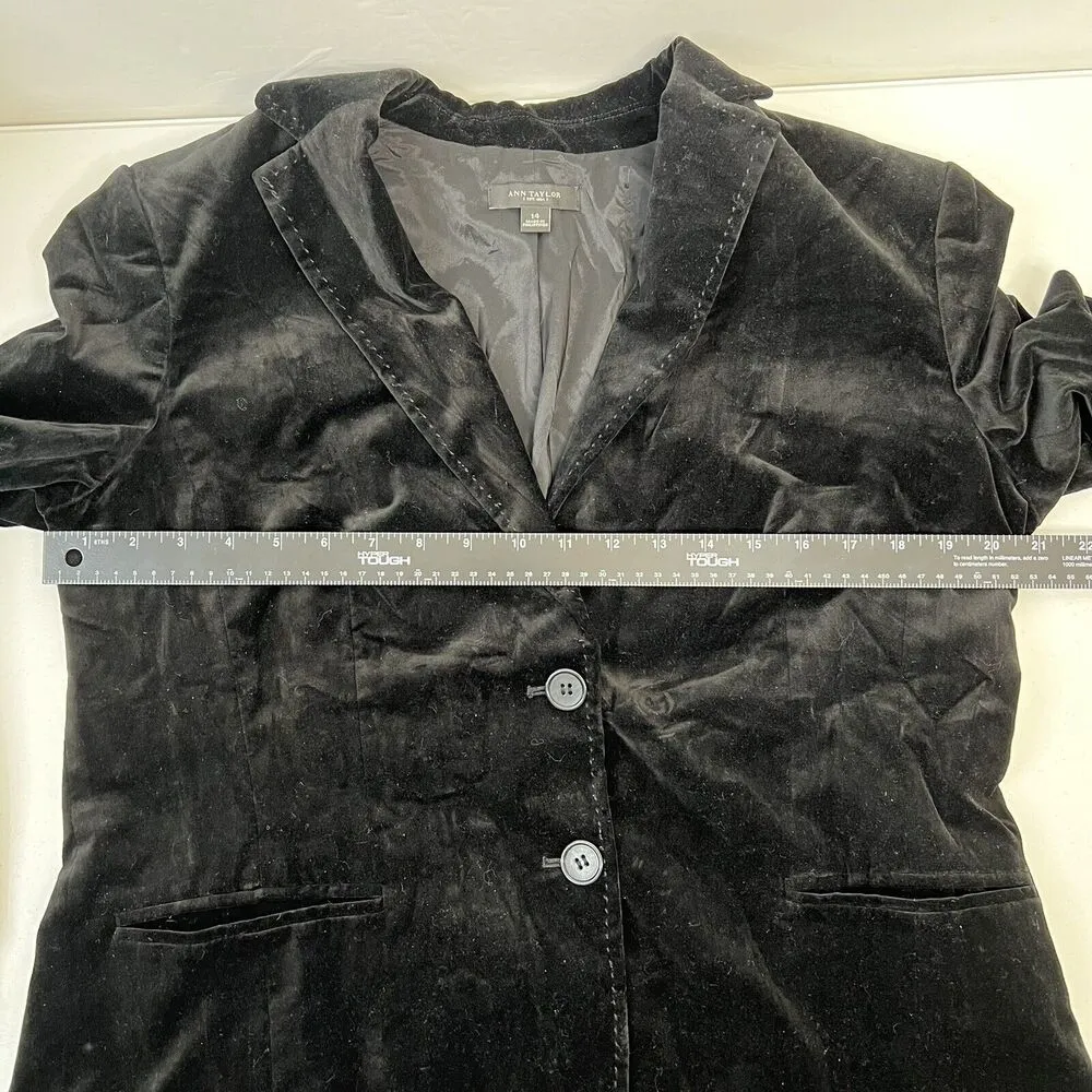 Ann Taylor Size 14 Blazer Jacket Black Velvet Long Sleeve Button Front Women's - Image 9