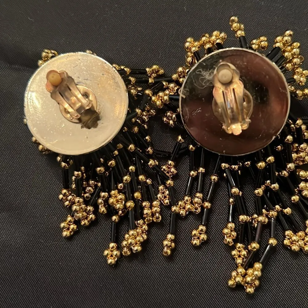 Vintage Park Lane large gold & black cluster beaded dangly clip on earrings EVC - Image 3