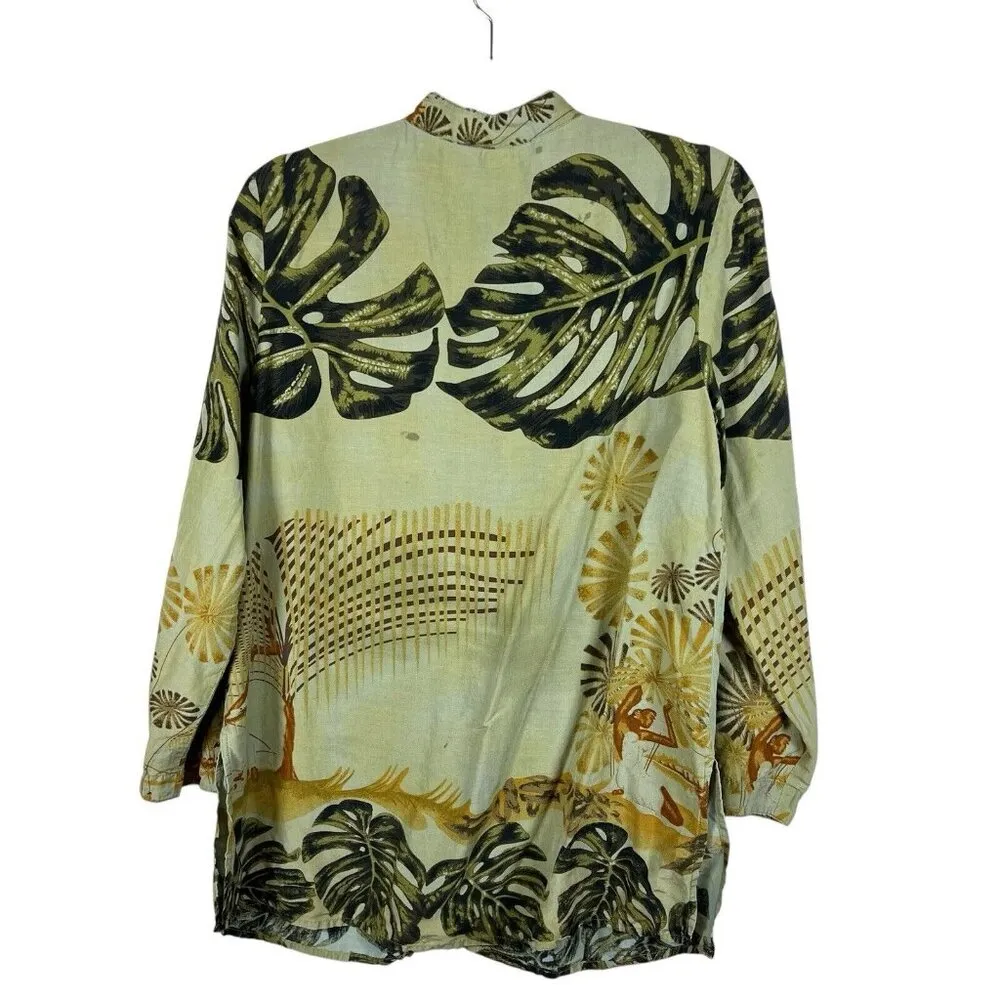 Citron button down Silk Linen tropical hawaii print Women’s Sz Small 3/4 Sleeve Green - Image 2