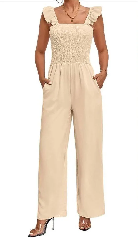 Sleeveless Square Neck Ruffle Sleeve Jumpsuit Wide Leg Pockets (348) Tan Size M - Image 6