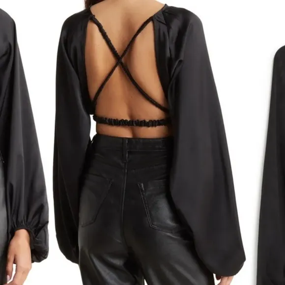 WE WORE WHAT Billow Sleeve Satin Crop‎ Top Black Size XL - Image 2