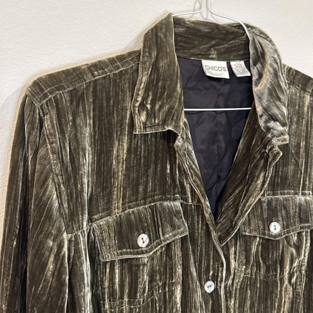 Chico's Womens Velvet Jacket Blazer Size 1 Silk Blend Green Long Sleeve Lined - Image 2