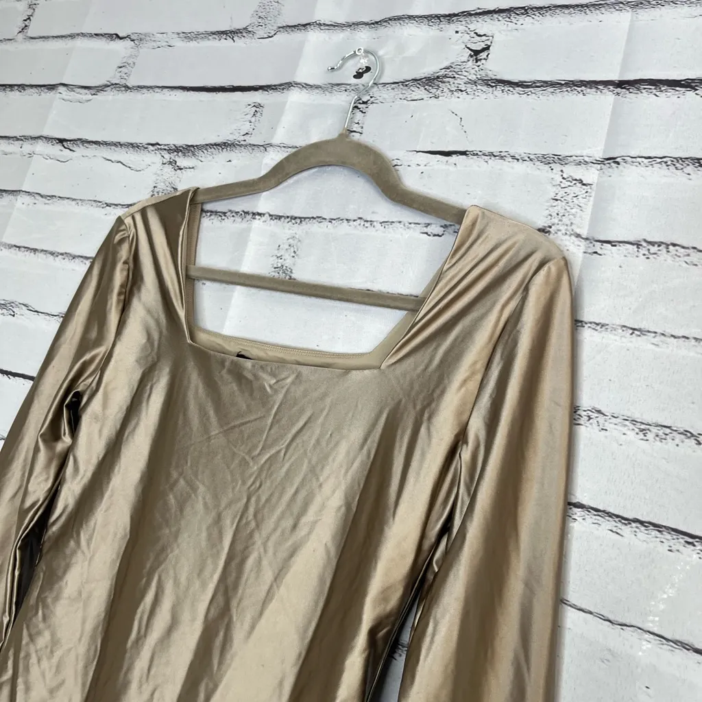 House of Harlow 1960 Taupe Silky Long‑Sleeve Bodysuit S High‑Neck Stretch Luxury Tan - Image 7