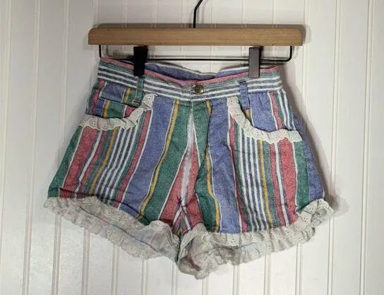 VTG Camptown Club Striped Lace Ruffle Hot Pants Shorts Size 11/12 Y2K 70s Retro Blue - Image 1