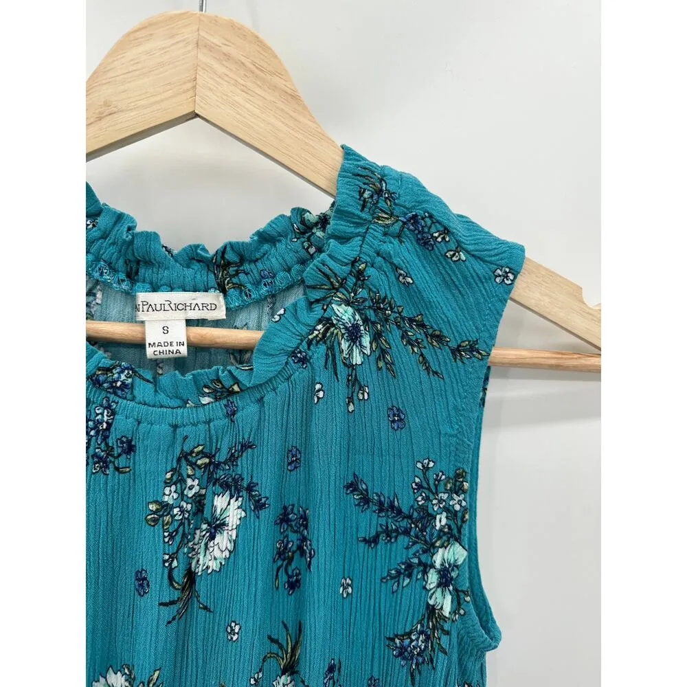 John Paul Richard Womens Blue Floral Sleeveless Tank Loose Top Tassel Size Small - Image 4