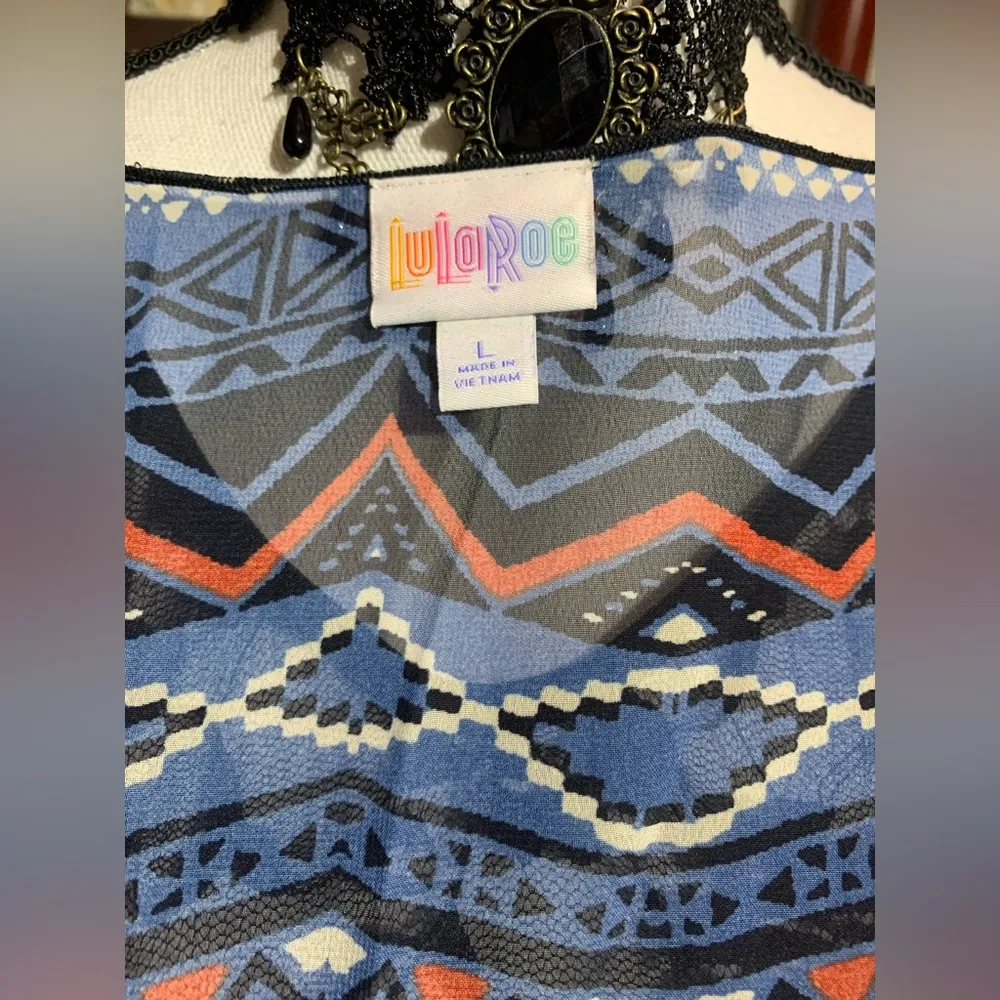 Lularoe Monroe Kimono Blue Red White Black Fringe - Image 9