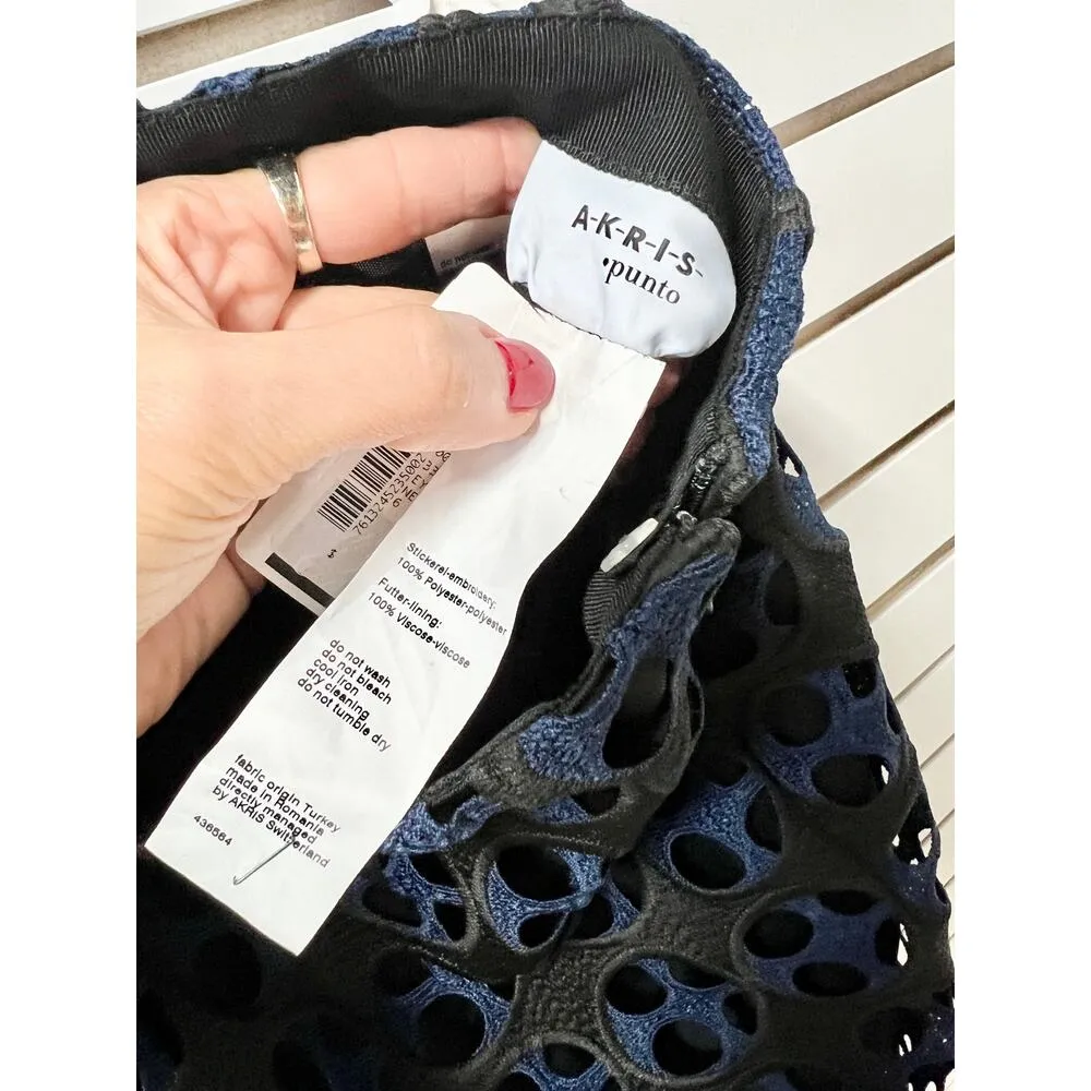 NWT Akris Punto Eyelet Laser Cut Lace Layered Mini Skirt Nero-Blu Mare Women's M - Image 4