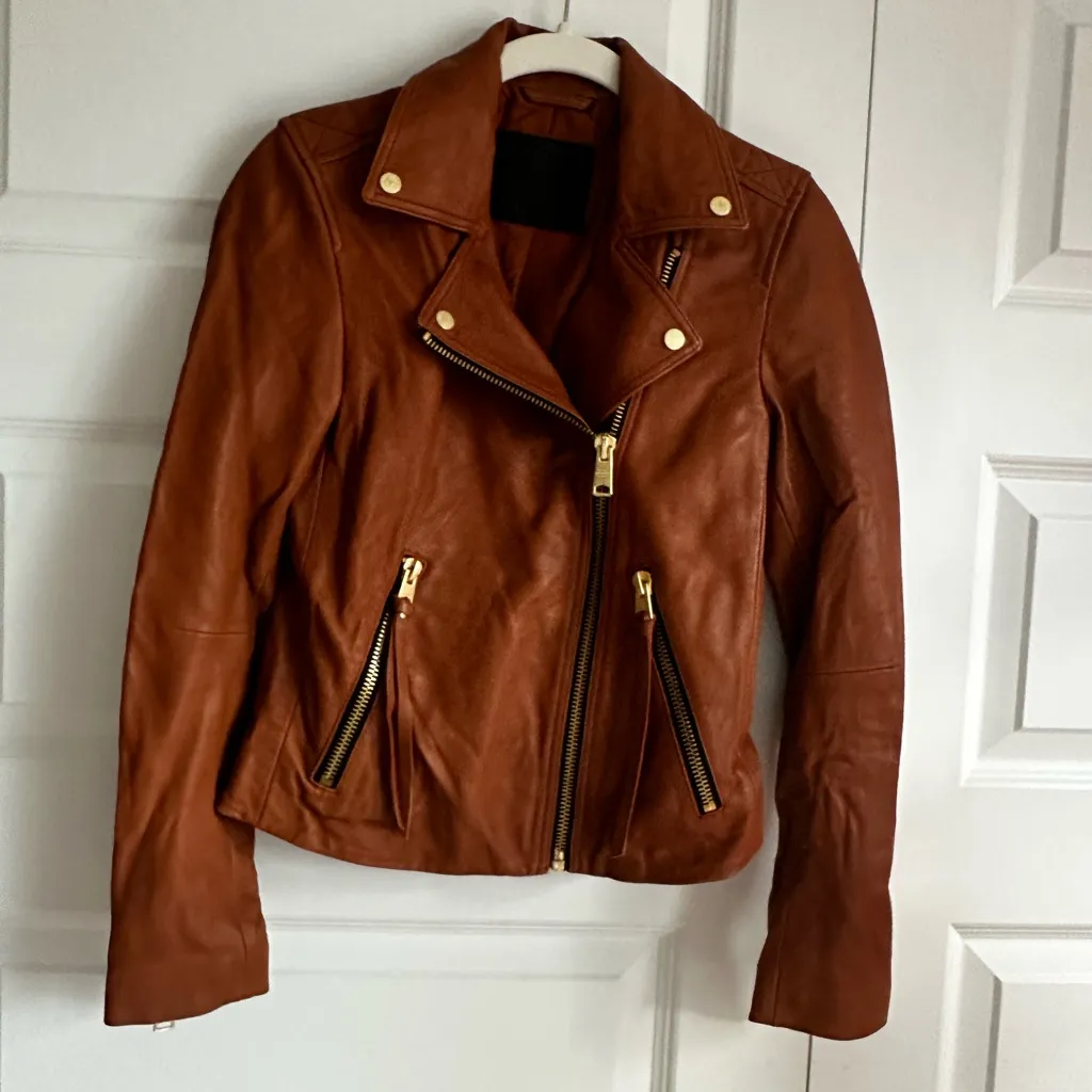 ALL SAINTS Dalby Leather Biker Jacket Cognac Brown 2 NWOT - Image 4