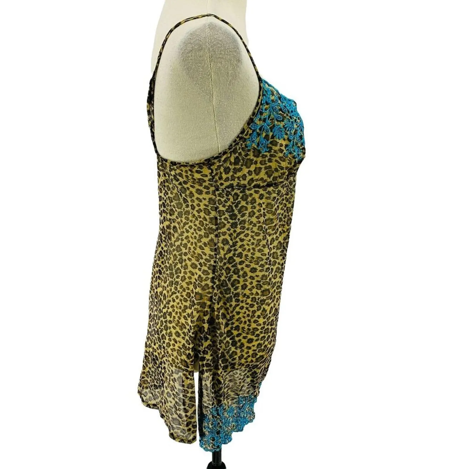 Vintage Y2K Victoria's Secret Babydoll Sheer Leopard Teal Embroidered Nightie M - Image 5