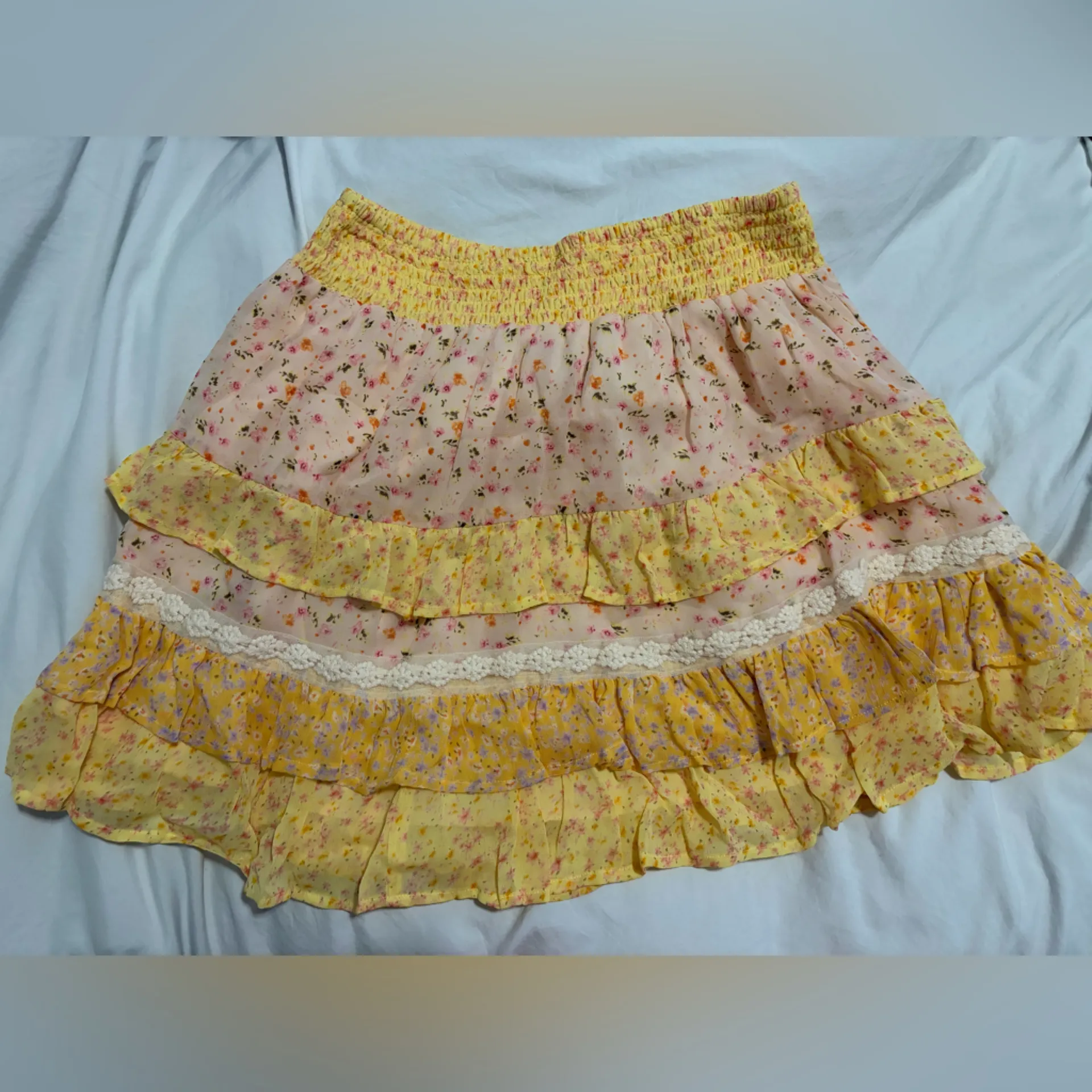 Yellow and Pink Floral Tiered Ruffle Skirt - Image 2