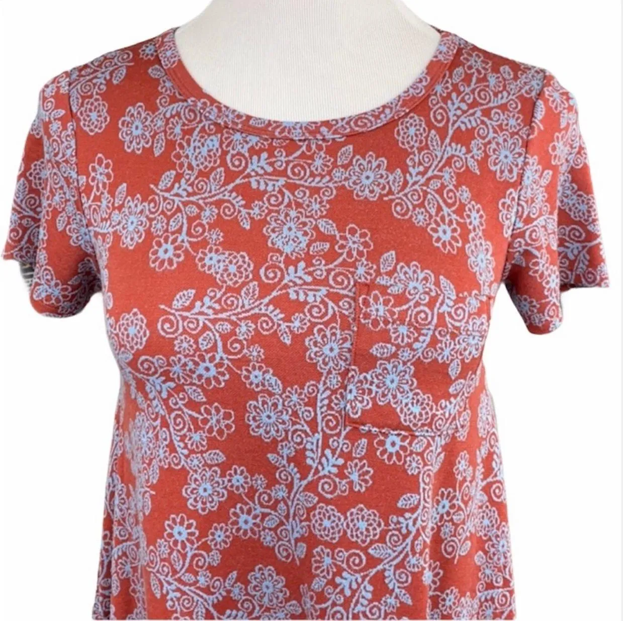 Carly Orange w/Blue Floral Print Short Sleeve Knit Dress - Image 2