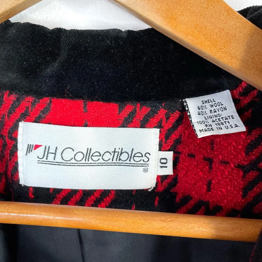 Vintage 90s Red Plaid Wool Blend Velvet Short Blazer Jacket preppy womens 10 - Image 10