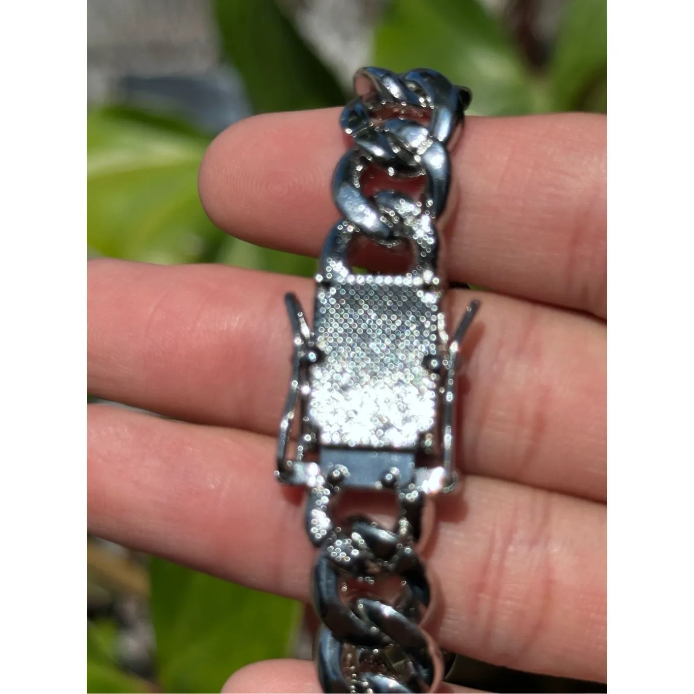 B100. 316L Stainless Steel Cubic Zirconia diamond Accented Chain Bracelet 8.5” Silver - Image 4