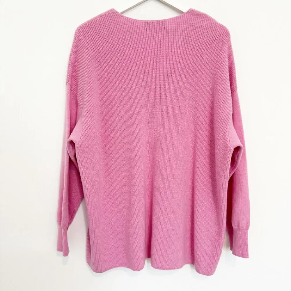 Something Navy Wool Rib Knit V-Neck Oversized Slouchy Sweater in Pink Size Large - Image 8