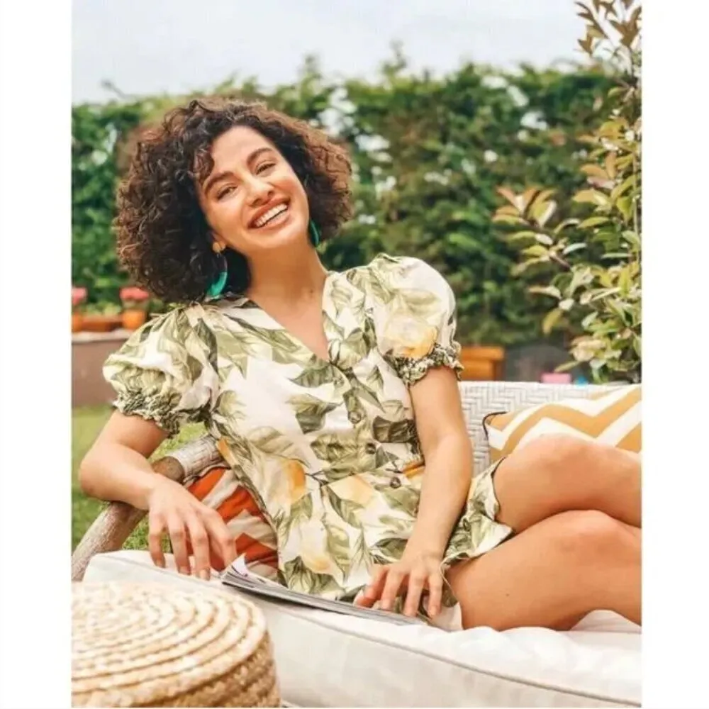 H&M Linen Blend Mini Dress S Lemon Leaf Print Cotton Blogger Fav Summer Vacation - Image 2