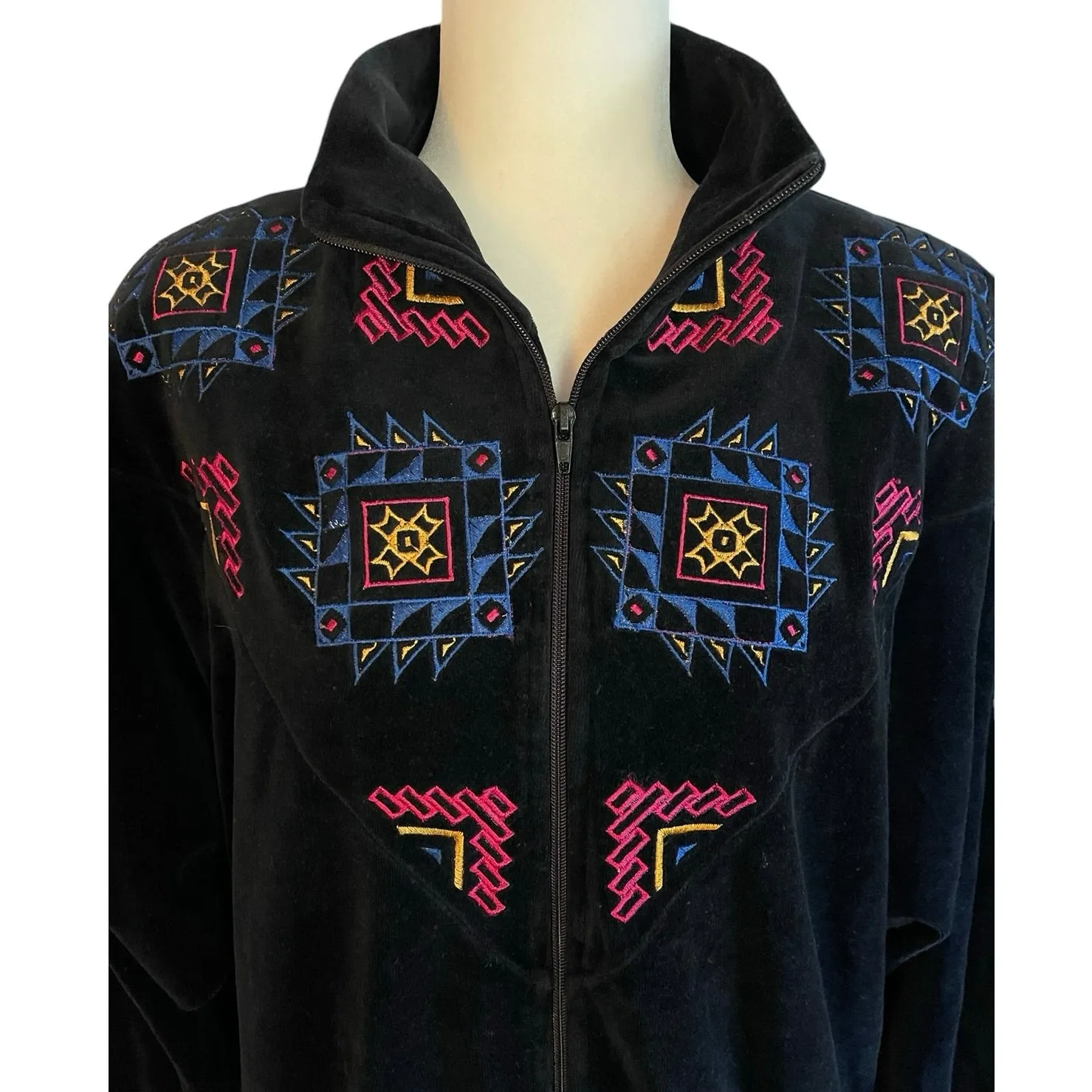 Vintage Womens Oleg Cassini 80s Black Velour Embroidered Retro Zip Jacket Medium - Image 3