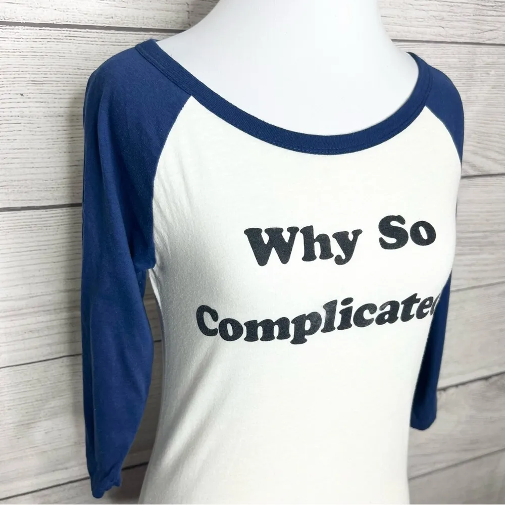 Why So Complicated? Blue & White Baseball Raglan Tee Size Small - Image 3