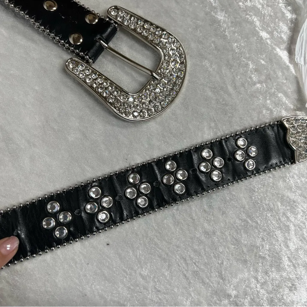 Y2K Crystal Embellished Black Belt western crosses studded motorcycle cowgirl - Image 5