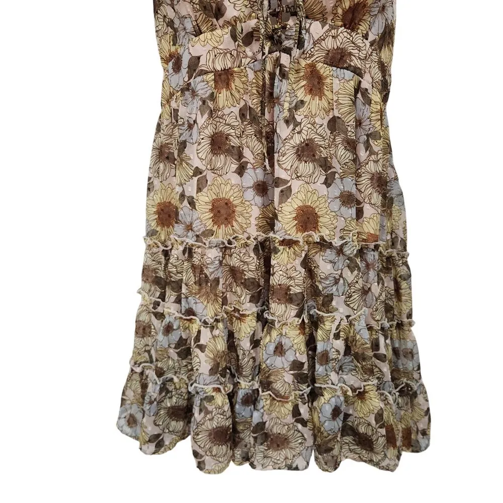 Beyond Words Mini Dress Flutter Shoulder Ruffle Tiered Floral Brown Size Medium - Image 7