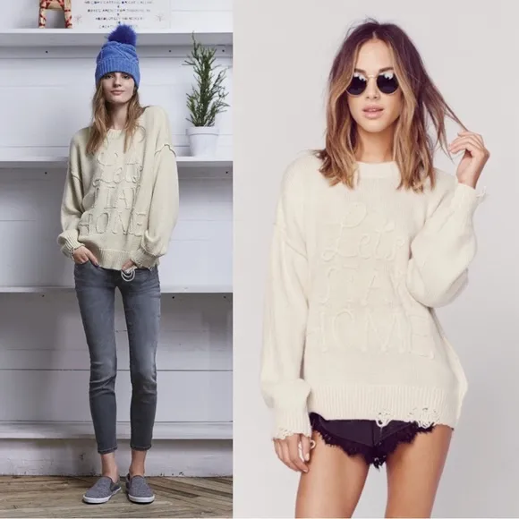 WILDFOX • Let’s Stay Home distressed sweater pullover beige soft cozy oversized - Image 2