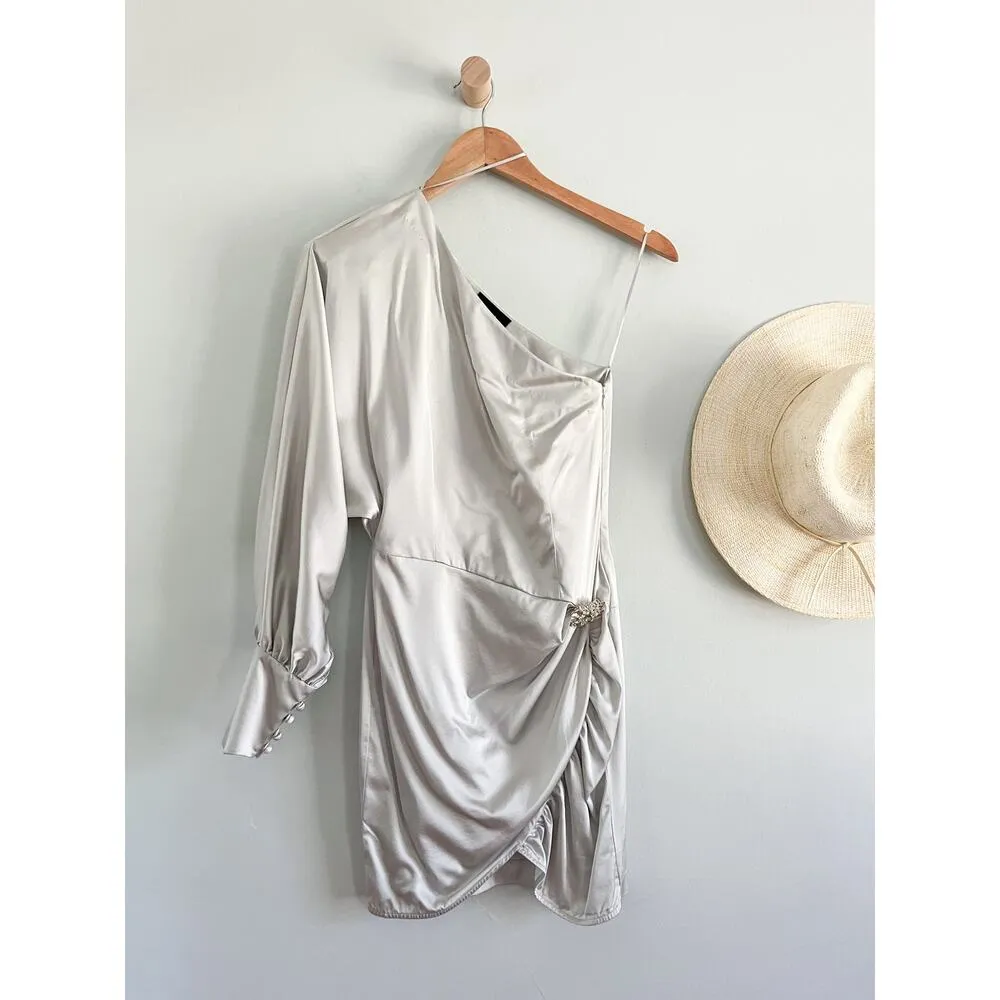 Retrofete | Drisana Silk Satin Ruched Dress | Silver | Size XS - Image 3