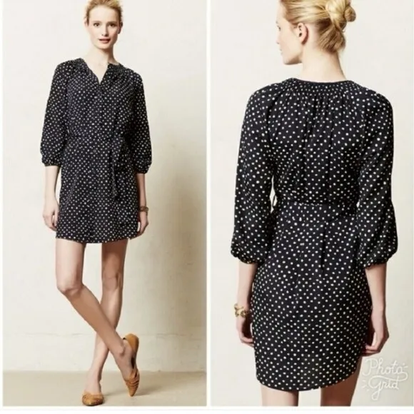 Anthropologie Maeve Polka Dot Shirt Dress Mini Navy Blue Women’s Petite Size SP - Image 2