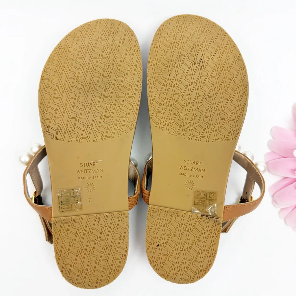 Stuart Weitzman Women’s Goldie Pearl Demi Wedge Thong T-Strap Sandals Tan White - Image 12