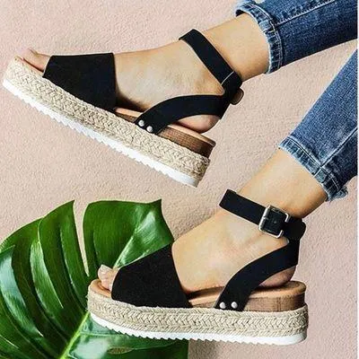 Black Open Toe Buckle Ankle Strap Espadrilles Flatform Wedge Casual Sandal - Image 2