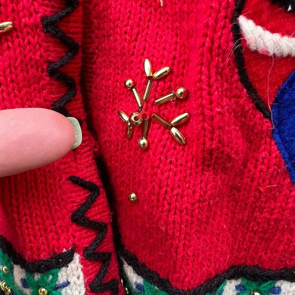 Vintage 90s Ugly Christmas Sweater Santa Tree Trimming Elves Cardigan SMALL Red - Image 4