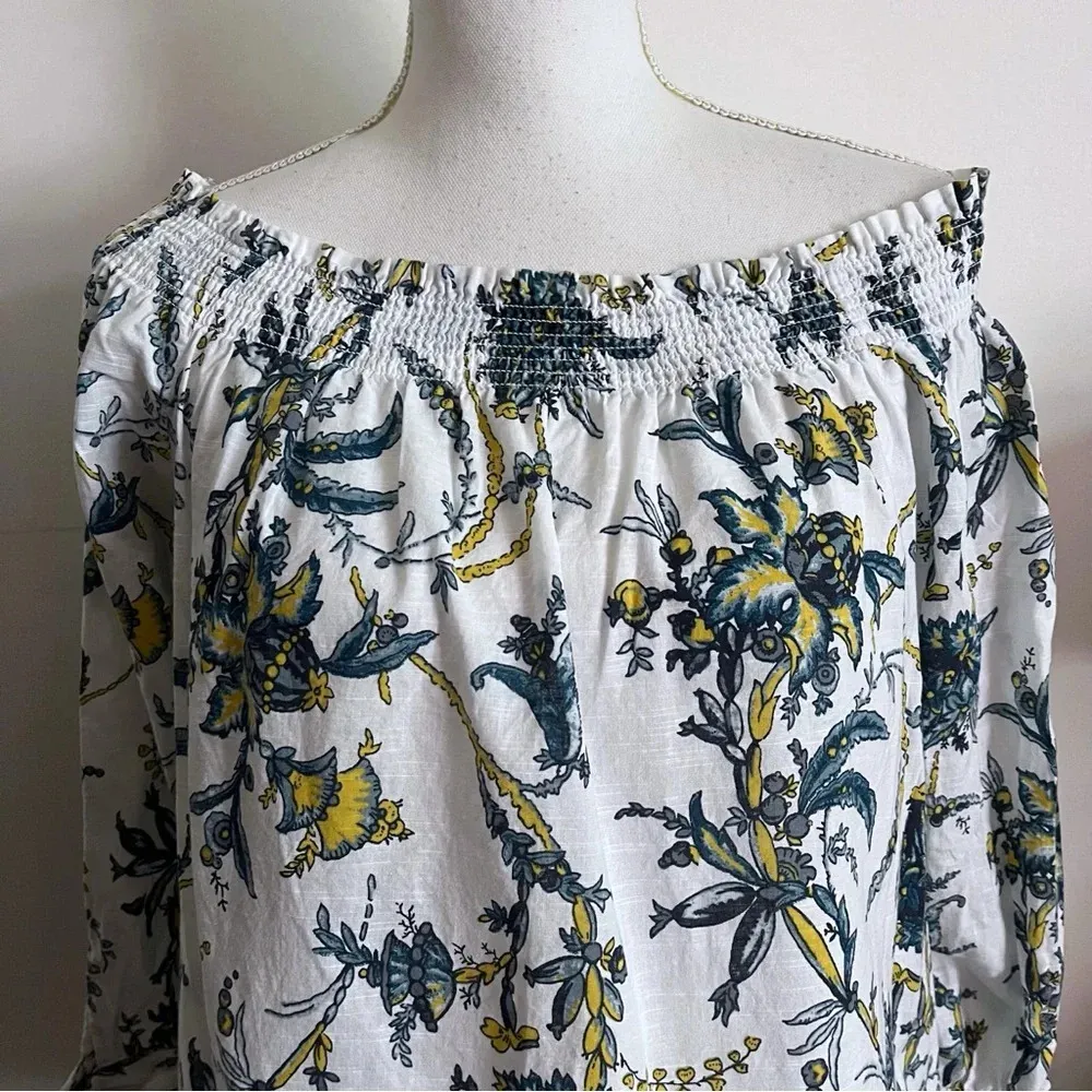 Loft • White Blue Yellow Off The Shoulder Cotton Blouse - Image 2